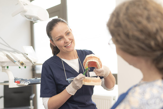Eine zahnmedizinische Prophylaxeassistentin erklärt den richtigen Gebrauch der Zahnbürste